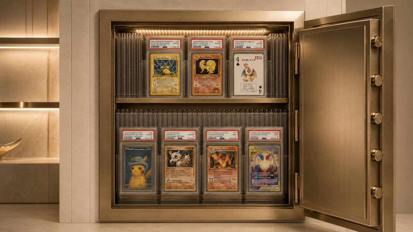 Open gold vault safe holding rows of graded Pokémon card slabs on illuminated shelves