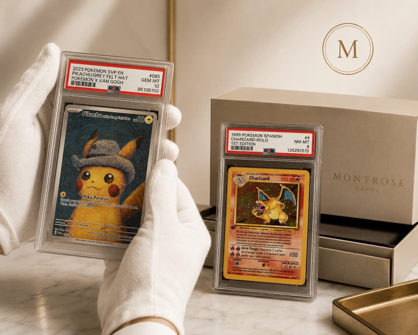 Graded Pokémon cards handled with white gloves at the Montrose vault